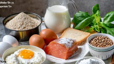 A well-balanced plate of healthy foods, including flour,sugar,eggs, and lean protein.